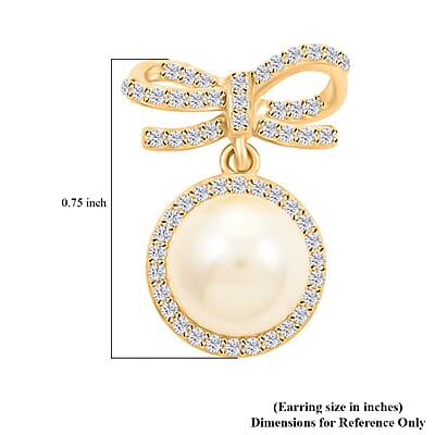 Freshwater Pearl and Simulated Diamond Bow Stud Earrings in 14K Yellow Gold Over Sterling Silver 0.40 ctw