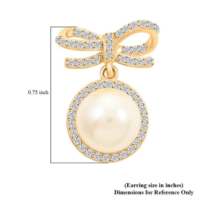 Freshwater Pearl and Simulated Diamond Bow Stud Earrings in 14K Yellow Gold Over Sterling Silver 0.40 ctw