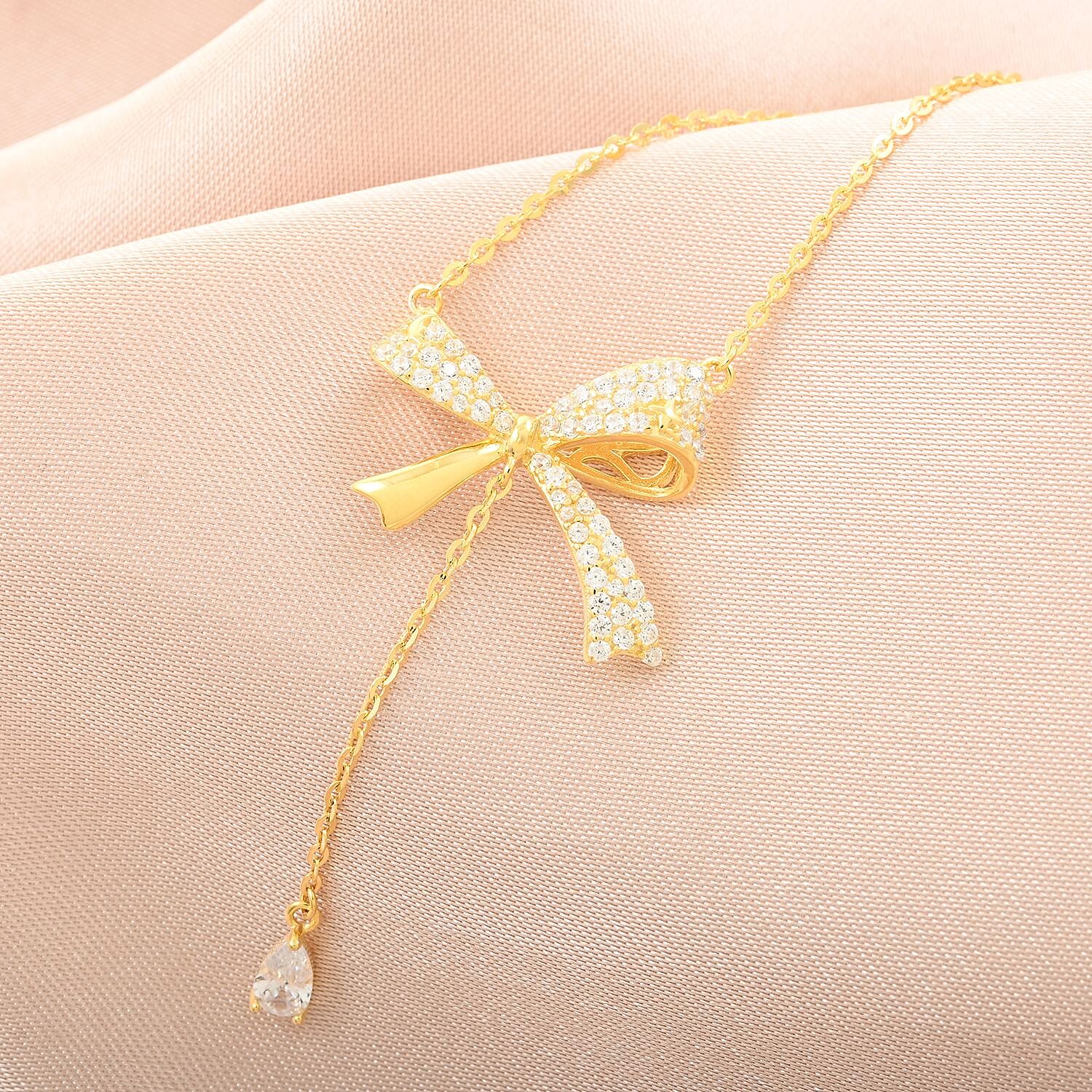 Simulated Diamond Bow Necklace 18 Inches in 14K Yellow Gold Over Sterling Silver 4.50 ctw