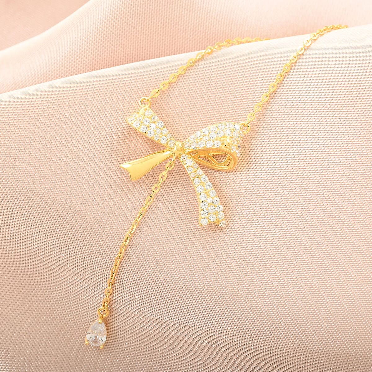 Simulated Diamond Bow Necklace 18 Inches in 14K Yellow Gold Over Sterling Silver 4.50 ctw image number 1