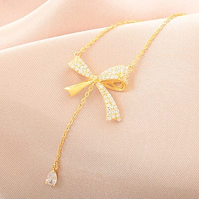 Simulated Diamond Bow Necklace 18 Inches in 14K Yellow Gold Over Sterling Silver 4.50 ctw