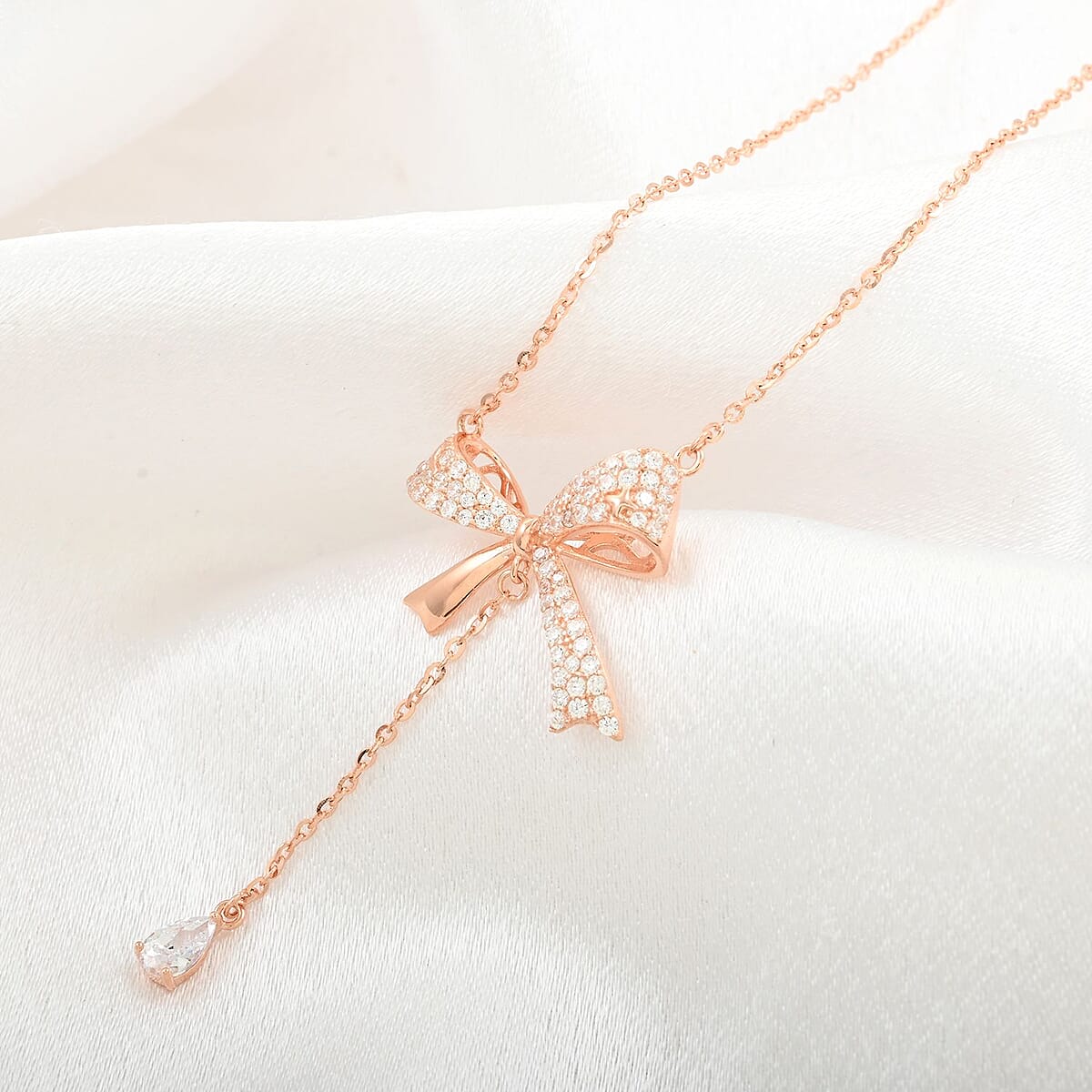 Simulated Diamond Bow Necklace 18 Inches in 14K Rose Gold Over Sterling Silver 4.50 ctw image number 1