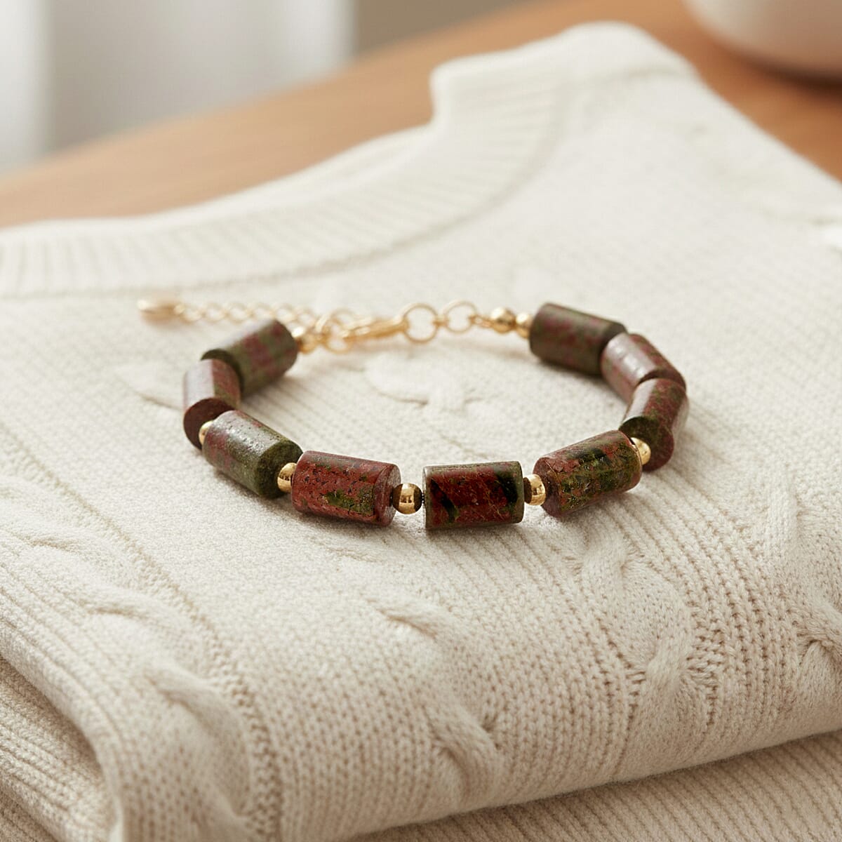 Unakite 93.65 ctw Barrel Bracelet in Goldtone (7-9In) image number 1