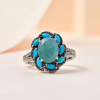 Grandidierite and Multi Gemstone Floral Ring in Platinum Over Sterling Silver (Size 10.0) 3.75 ctw