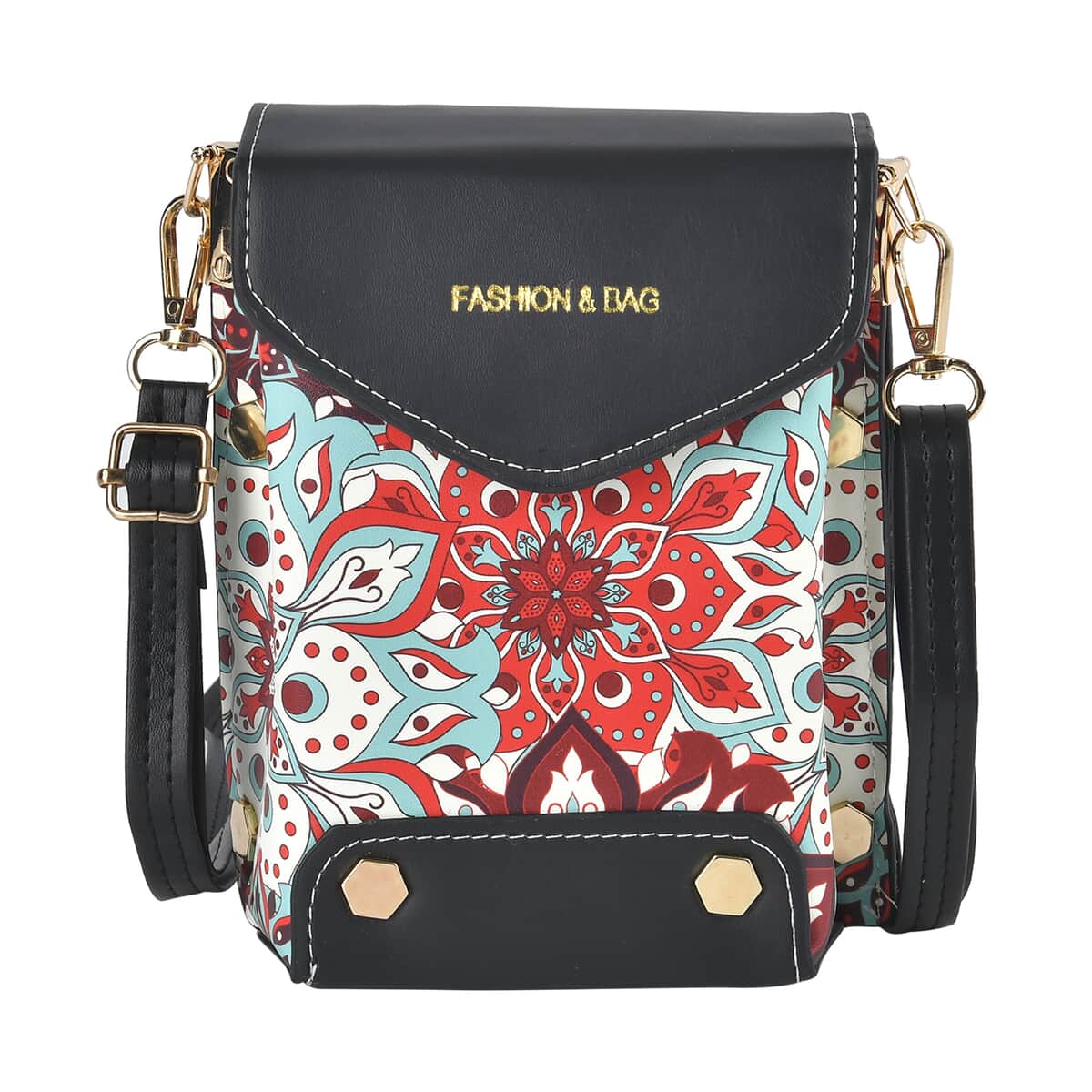 White With Red Color Flower Pattern Faux Leather Crossbody Bag with Shoulder Strap image number 0