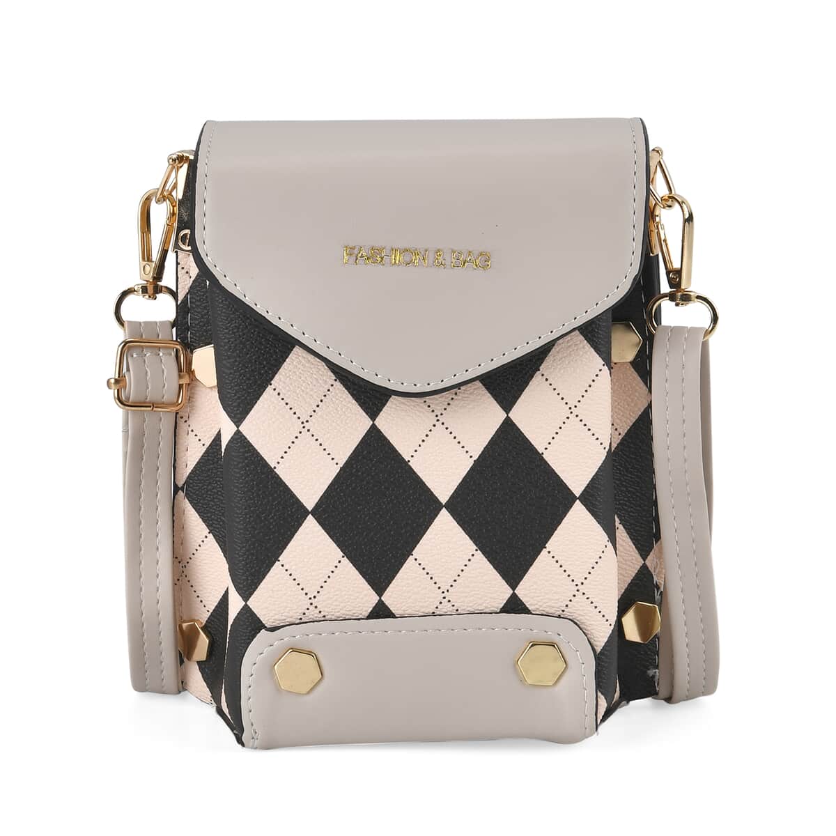 Beige with Black Color Rhomboid Pattern Faux Leather Crossbody Sling Bag with Shoulder Strap image number 0