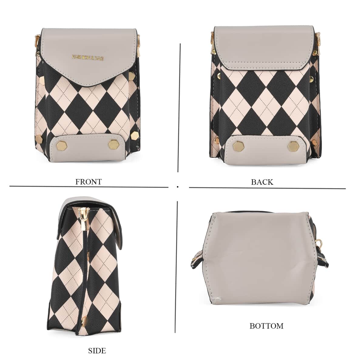 Beige with Black Color Rhomboid Pattern Faux Leather Crossbody Sling Bag with Shoulder Strap image number 3