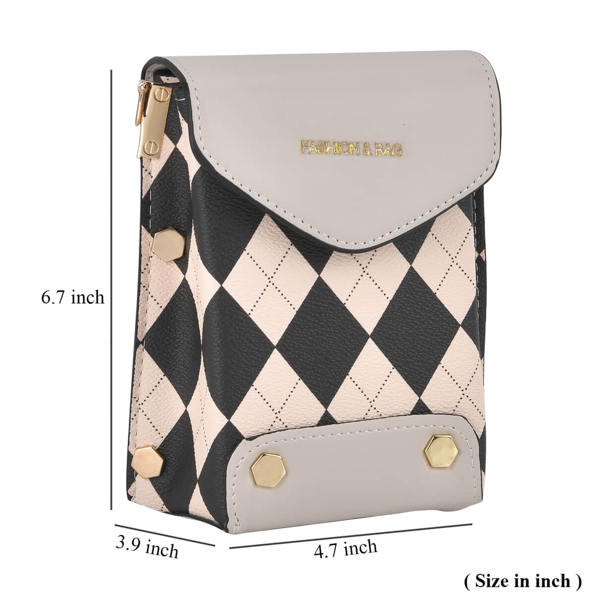 Beige with Black Color Rhomboid Pattern Faux Leather Crossbody Sling Bag with Shoulder Strap image number 5