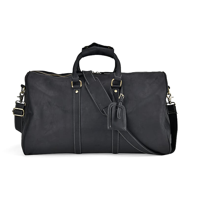 Italy Retro Noble Collection Black Genuine Leather Travel Bag with Detachable Shoulder Strap