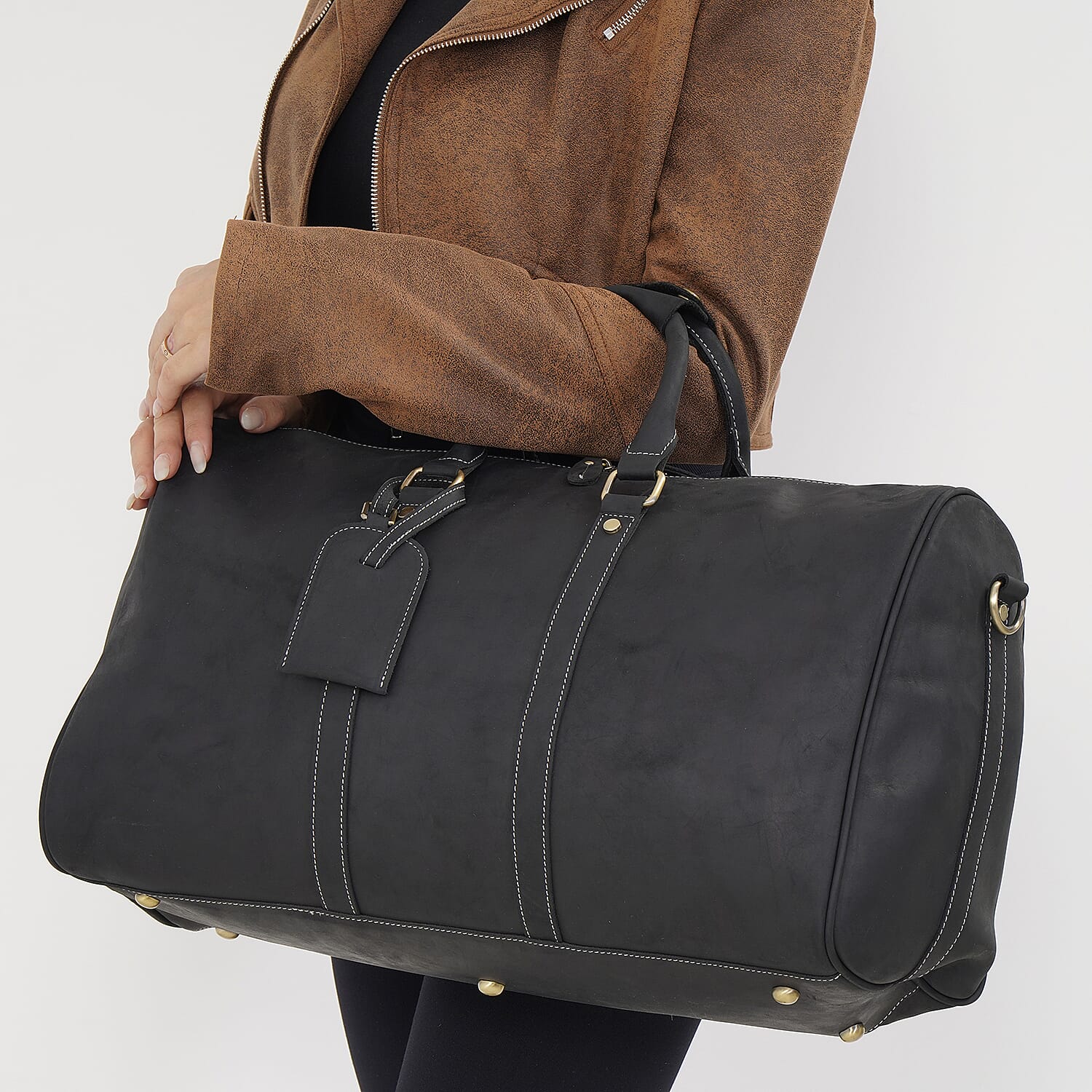 Italy Retro Noble Collection Black Genuine Leather Travel Bag with Detachable Shoulder Strap