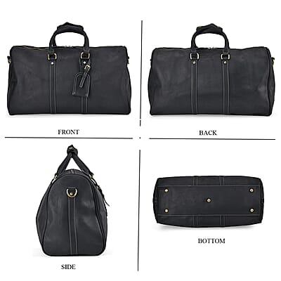 Italy Retro Noble Collection Black Genuine Leather Travel Bag with Detachable Shoulder Strap
