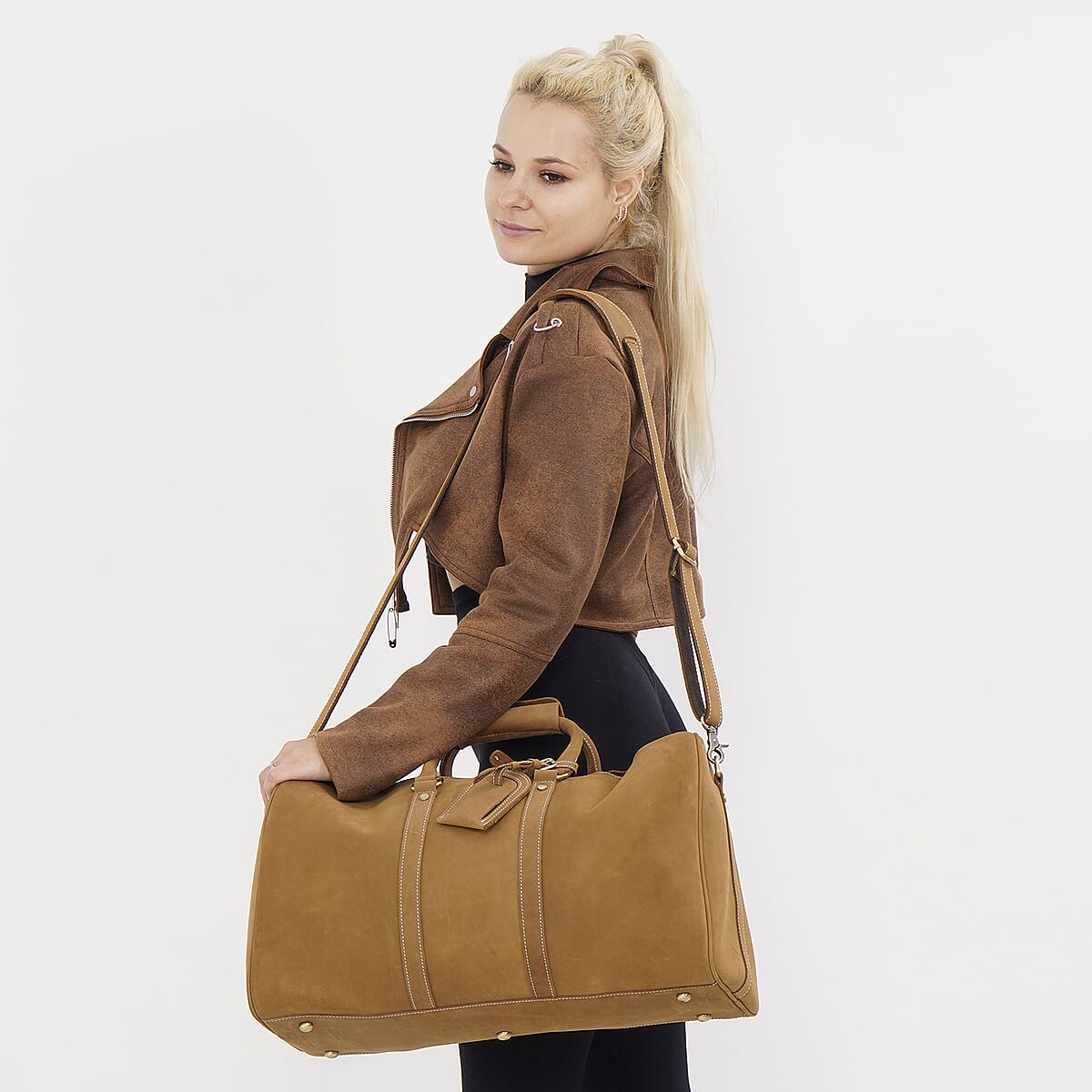 Italy Retro Noble Collection Camel Genuine Leather Travel Bag with Detachable Shoulder Strap image number 1