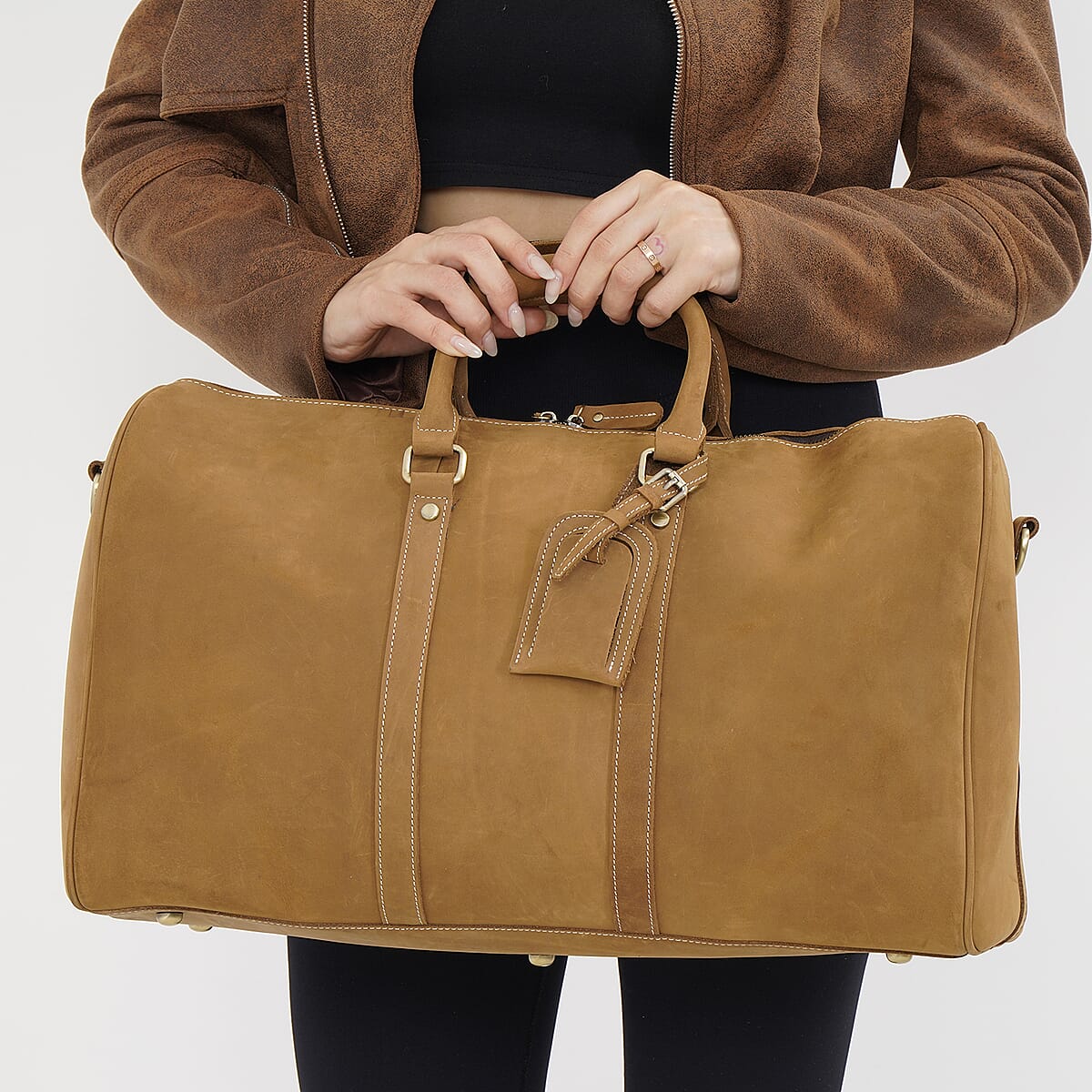 Italy Retro Noble Collection Camel Genuine Leather Travel Bag with Detachable Shoulder Strap image number 2