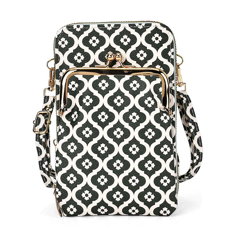 Green Flower Print Faux Leather Crossbody Cell Phone Bag