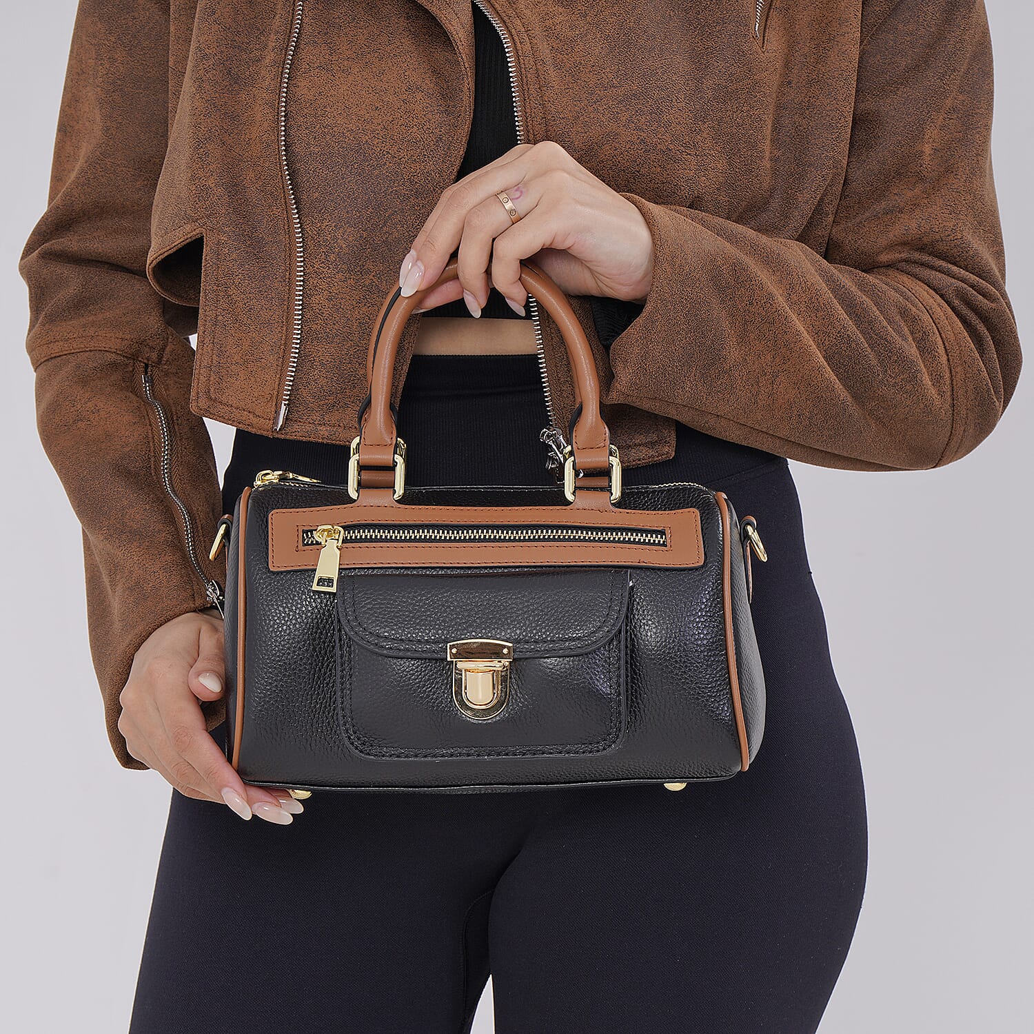 Black Genuine Leather Crossbody Bag with Shoulder Strap