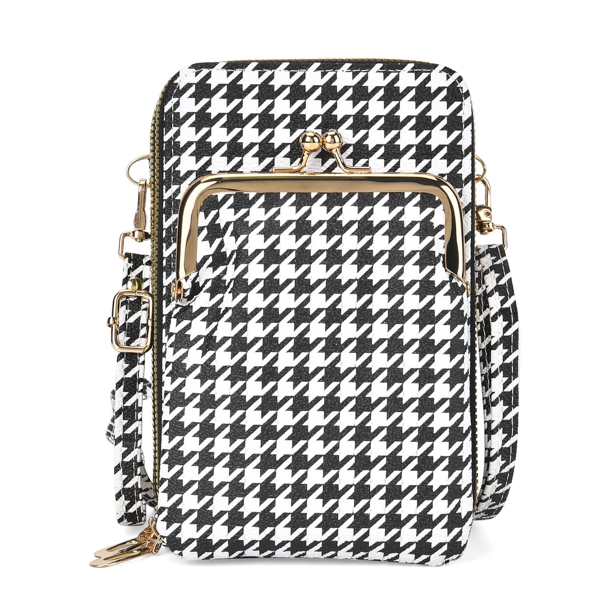 Black Houndstooth Rhomboid Print Faux Leather Crossbody Cell Phone Bag image number 0