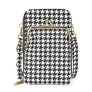 Black Houndstooth Rhomboid Print Faux Leather Crossbody Cell Phone Bag