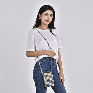 Black Houndstooth Rhomboid Print Faux Leather Crossbody Cell Phone Bag