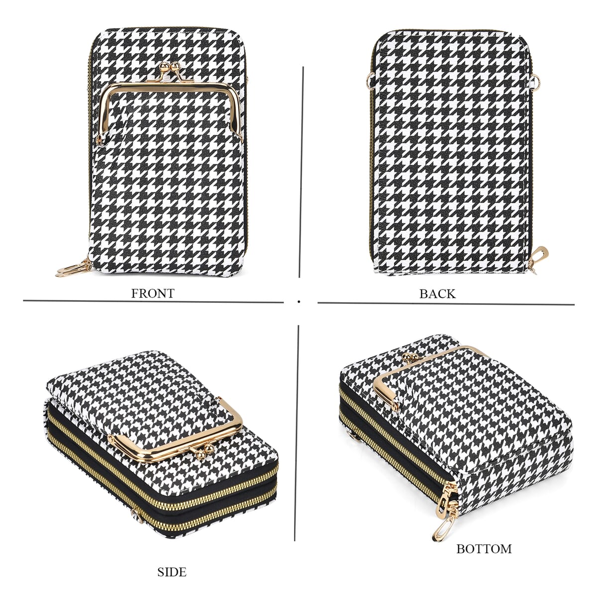 Black Houndstooth Rhomboid Print Faux Leather Crossbody Cell Phone Bag image number 3