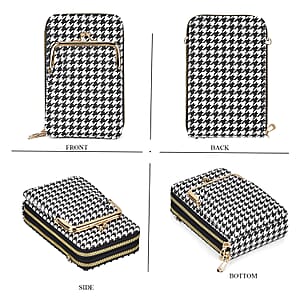 Black Houndstooth Rhomboid Print Faux Leather Crossbody Cell Phone Bag