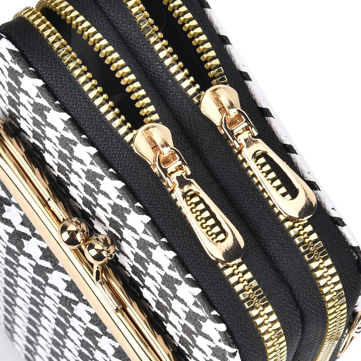 Black Houndstooth Rhomboid Print Faux Leather Crossbody Cell Phone Bag image number 5