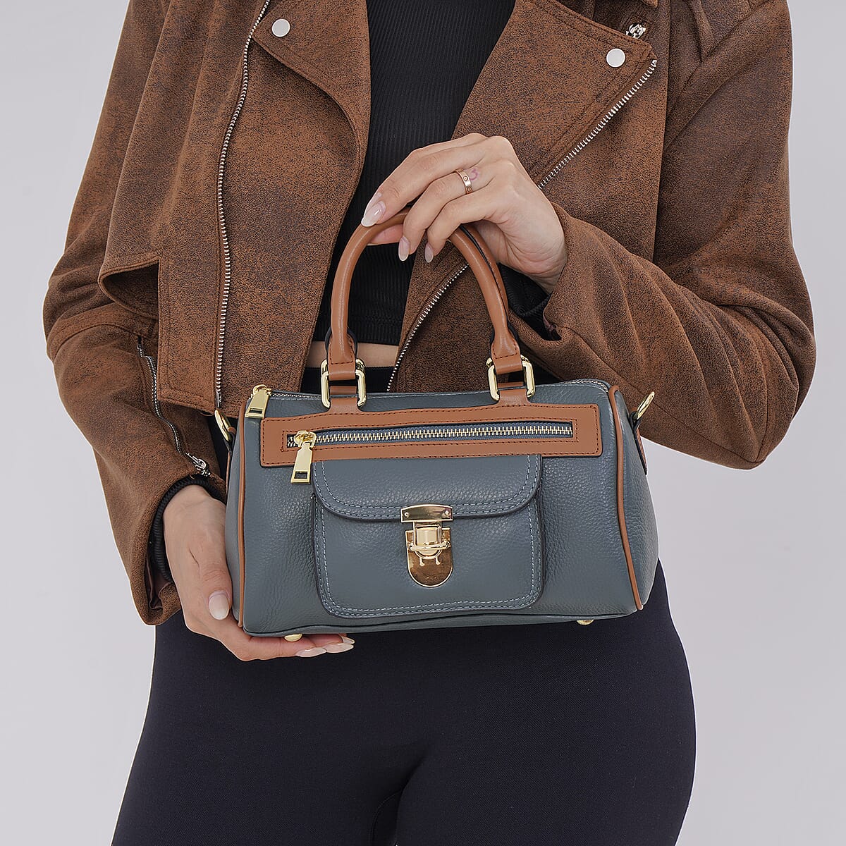 Teal Genuine Leather Crossbody Bag with Shoulder Strap image number 2