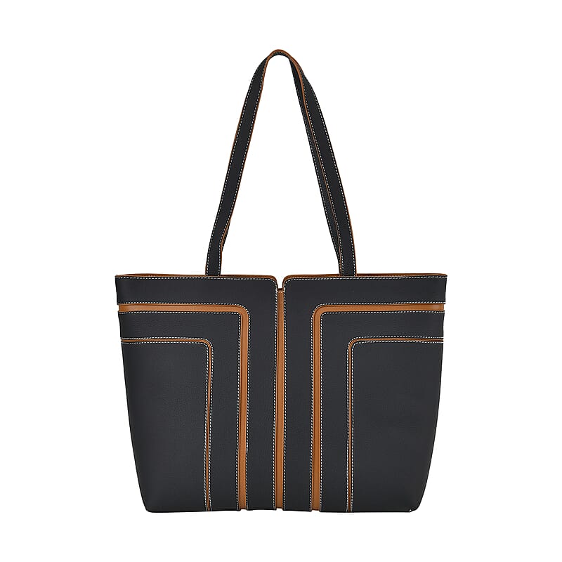 Black with Brown Genuine Leather Tote Bag