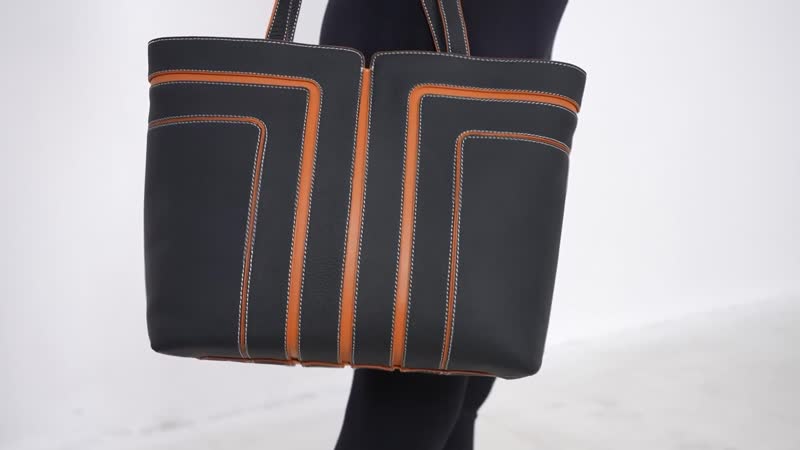 Black with Brown Genuine Leather Tote Bag (12.6"x4.7"x11")