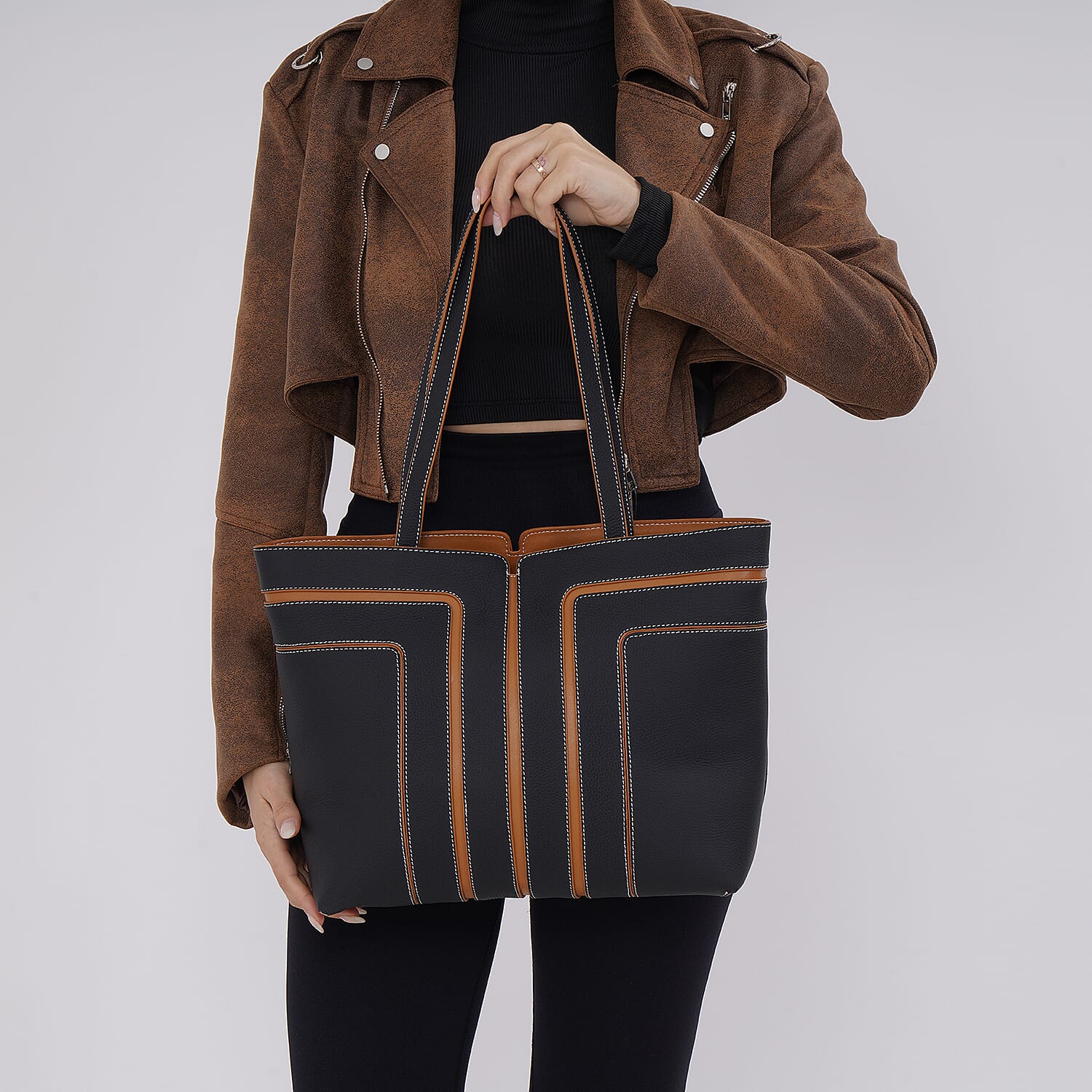 Black with Brown Genuine Leather Tote Bag