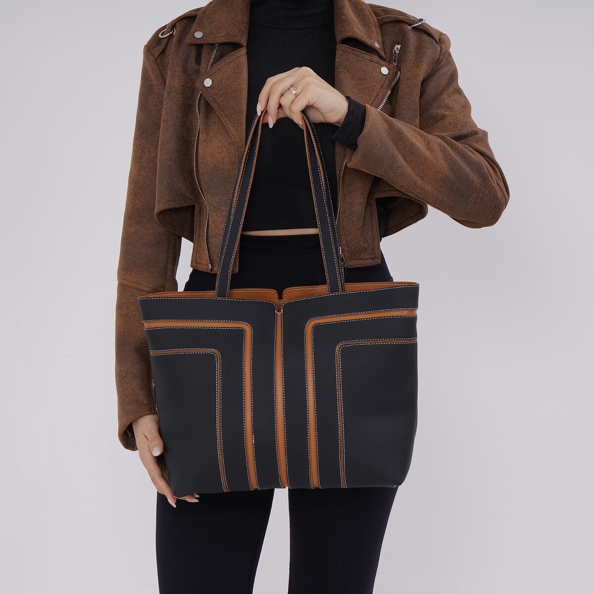 Black with Brown Genuine Leather Tote Bag image number 2
