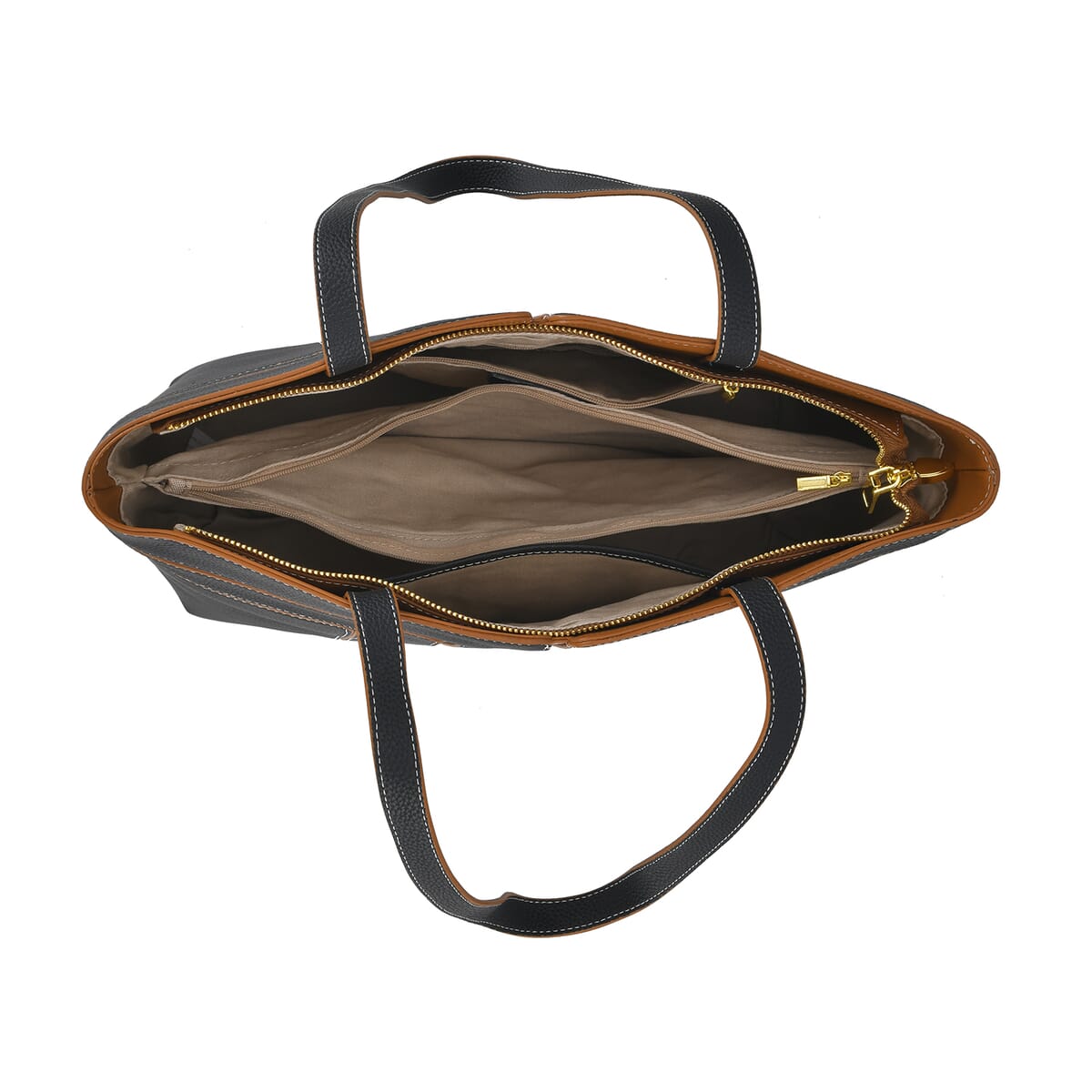 Black with Brown Genuine Leather Tote Bag image number 4