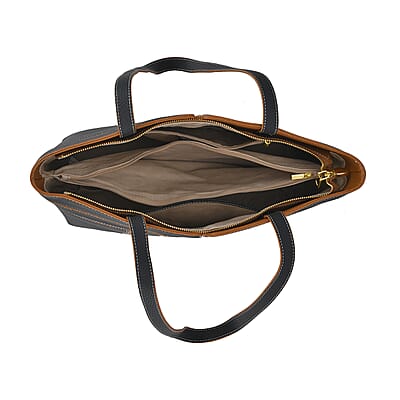 Black with Brown Genuine Leather Tote Bag