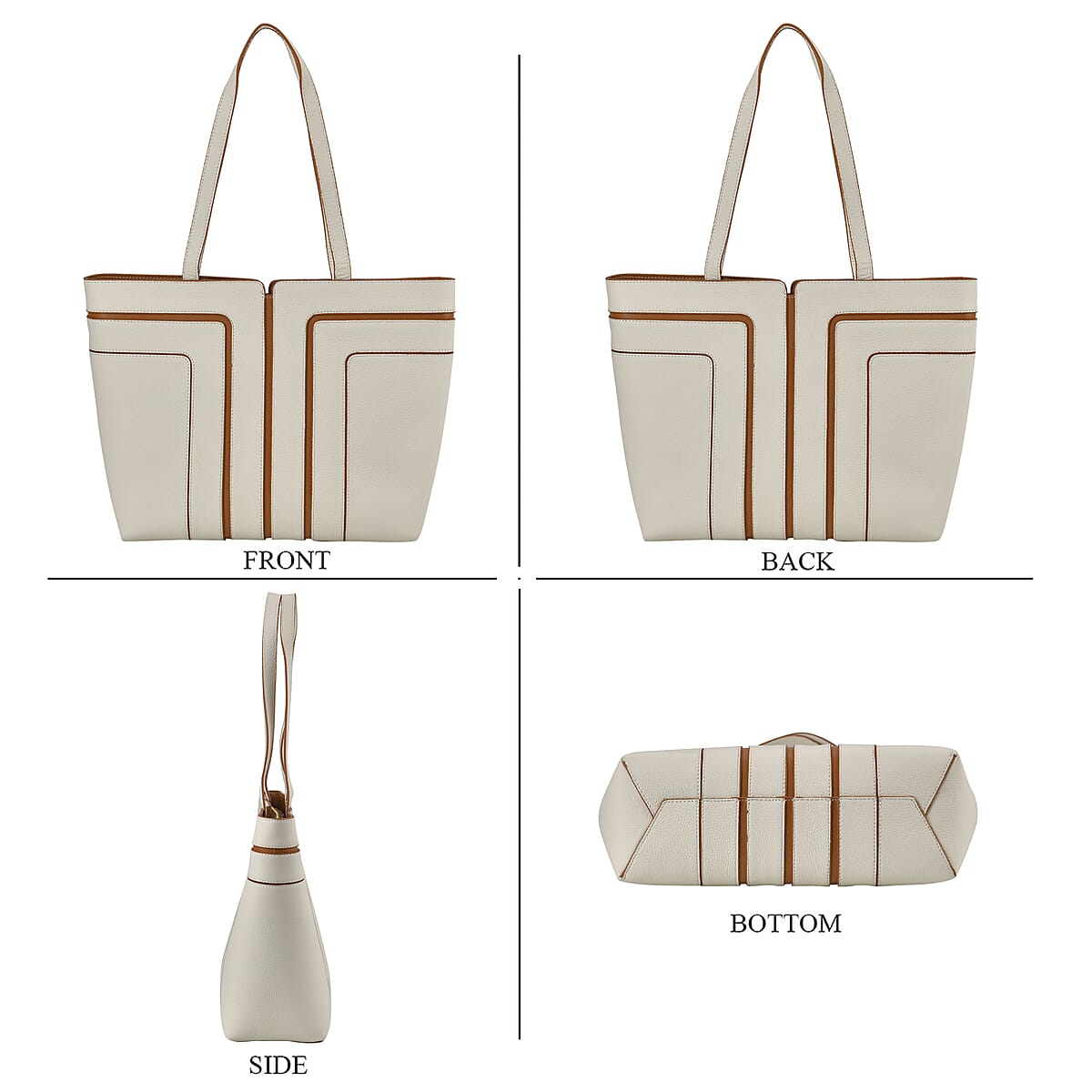 Off White with Brown Genuine Leather Tote Bag image number 3