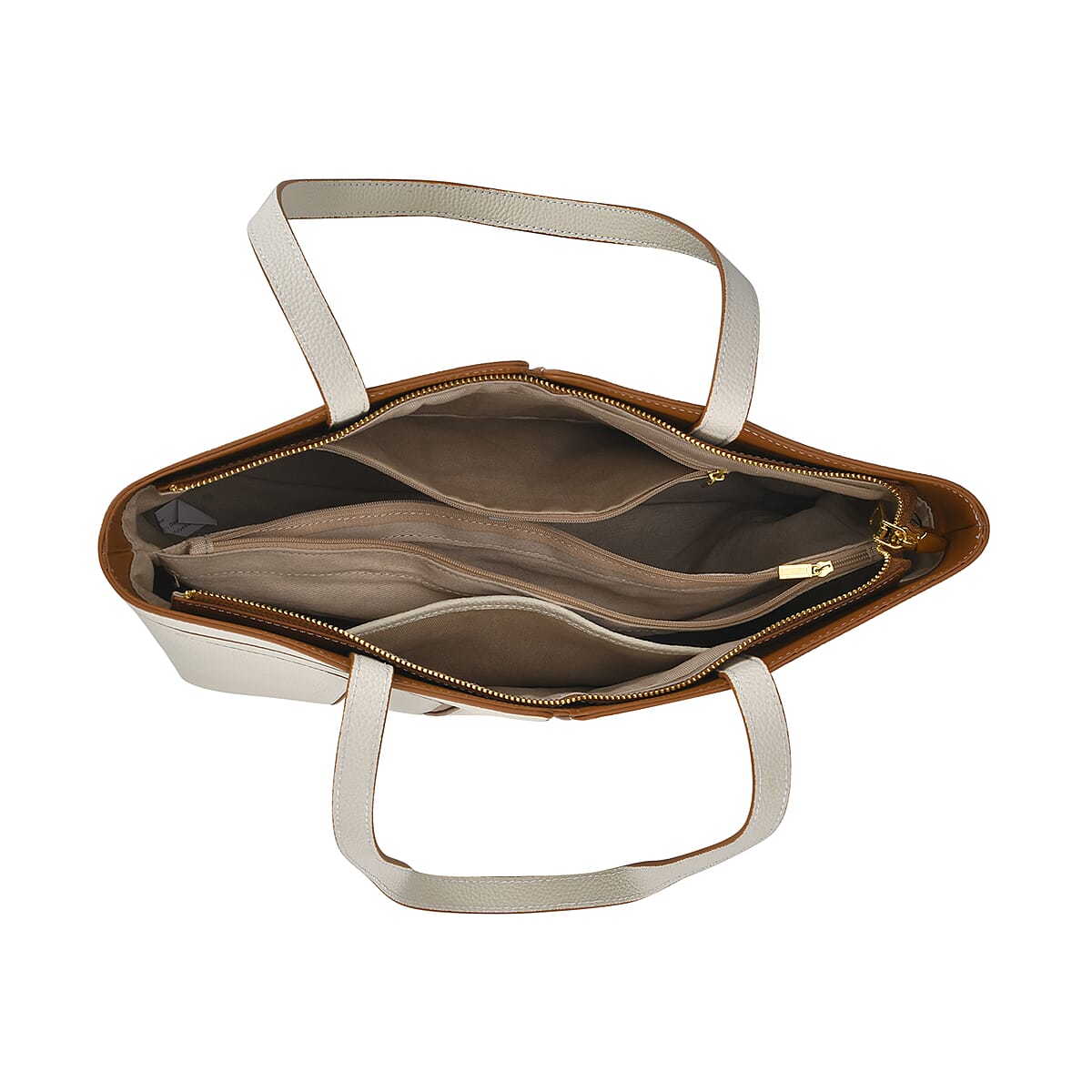 Off White with Brown Genuine Leather Tote Bag image number 4
