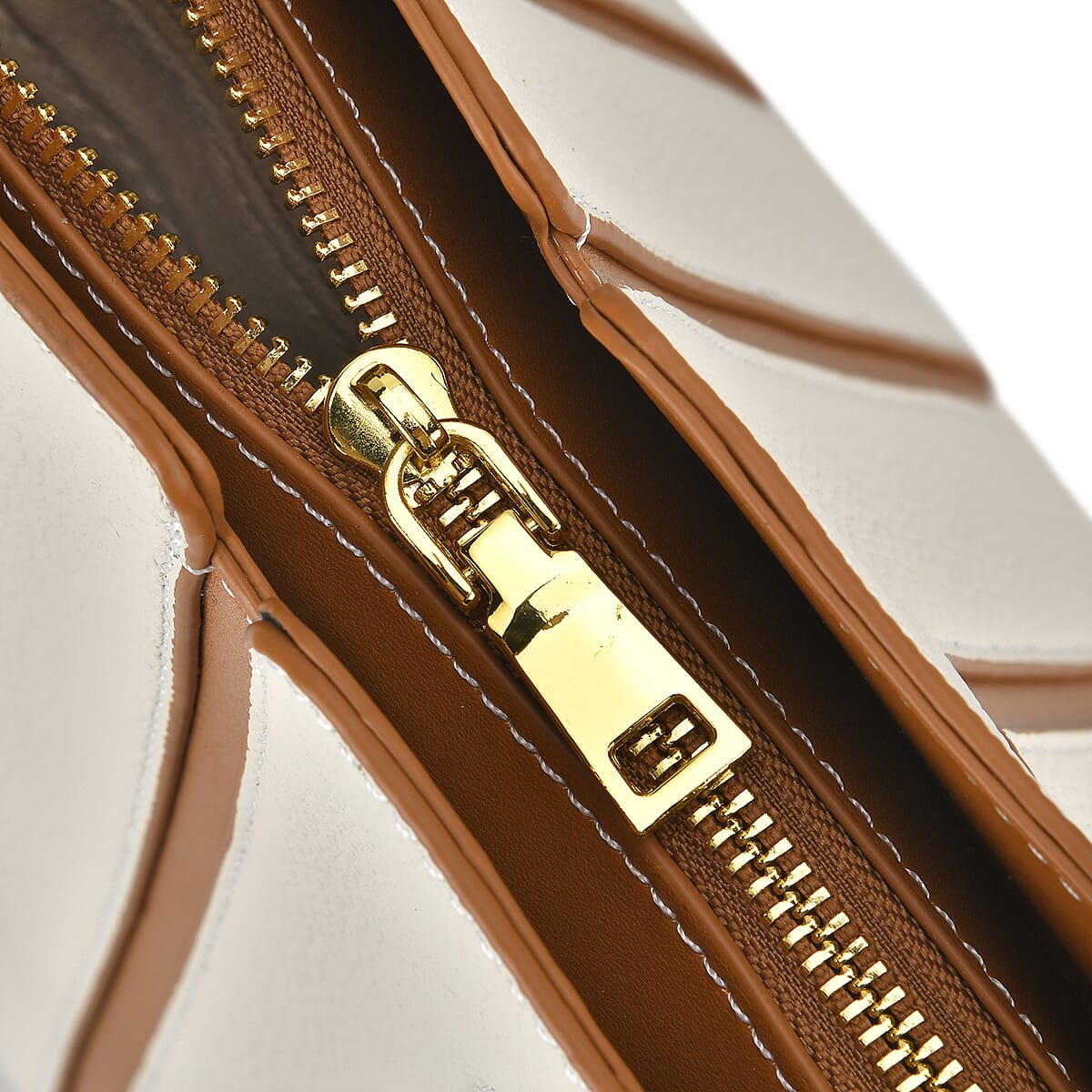 Off White with Brown Genuine Leather Tote Bag image number 5