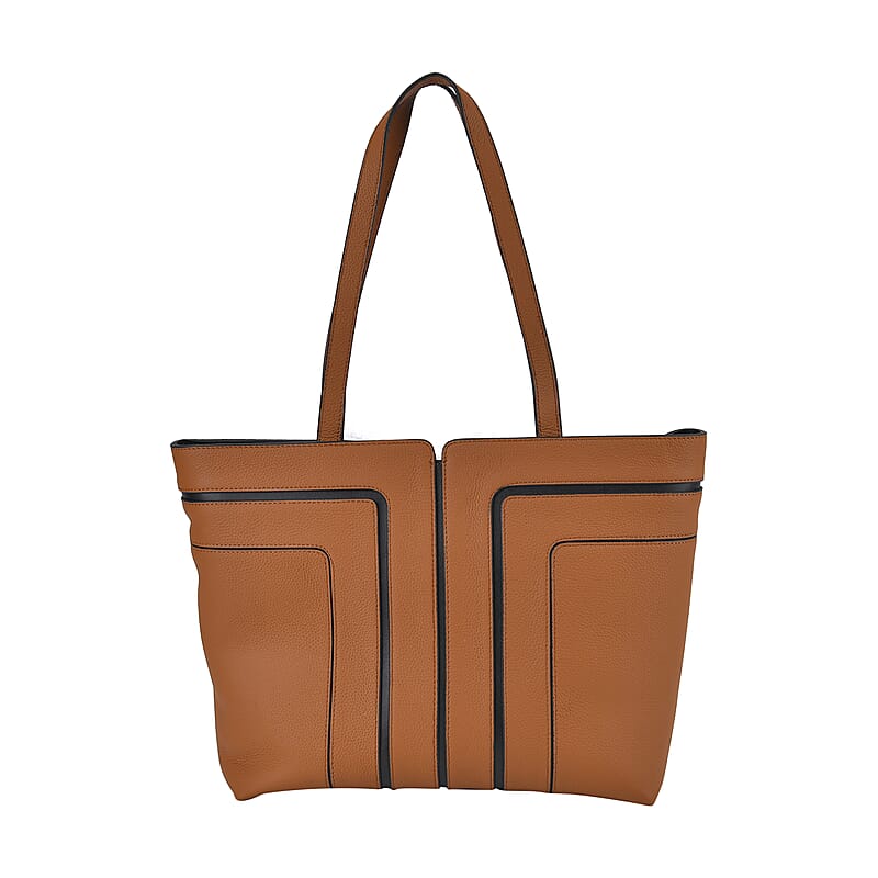 Brown with Black Genuine Leather Tote Bag