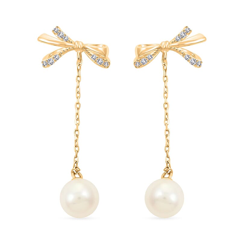 White Shell Pearl and Simulated Diamond Bow Earrings in 14K Yellow Gold Over Sterling Silver, Shell Pearl Jewelry, Birthday Gift For Her 0.20 ctw