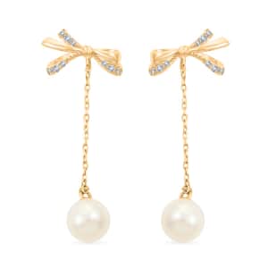Mother’s Day Gift White Shell Pearl and Simulated Diamond Bow Earrings in 14K Yellow Gold Over Sterling Silver, Shell Pearl Jewelry, Birthday Gift For Her 0.20 ctw