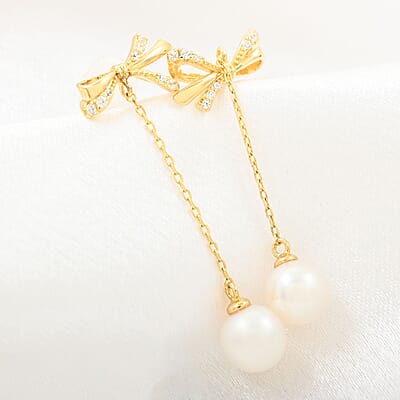 White Shell Pearl and Simulated Diamond Bow Earrings in 14K Yellow Gold Over Sterling Silver, Shell Pearl Jewelry, Birthday Gift For Her 0.20 ctw