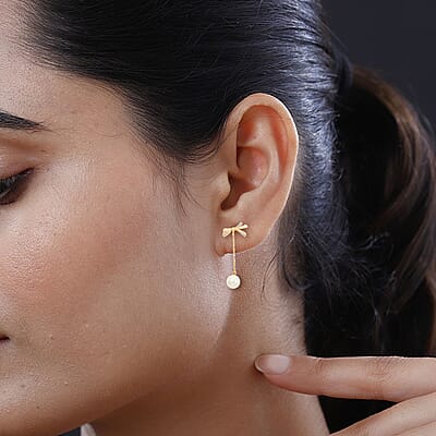 White Shell Pearl and Simulated Diamond Bow Earrings in 14K Yellow Gold Over Sterling Silver, Shell Pearl Jewelry, Birthday Gift For Her 0.20 ctw