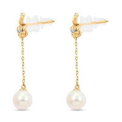 White Shell Pearl and Simulated Diamond Bow Earrings in 14K Yellow Gold Over Sterling Silver, Shell Pearl Jewelry, Birthday Gift For Her 0.20 ctw