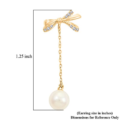White Shell Pearl and Simulated Diamond Bow Earrings in 14K Yellow Gold Over Sterling Silver, Shell Pearl Jewelry, Birthday Gift For Her 0.20 ctw