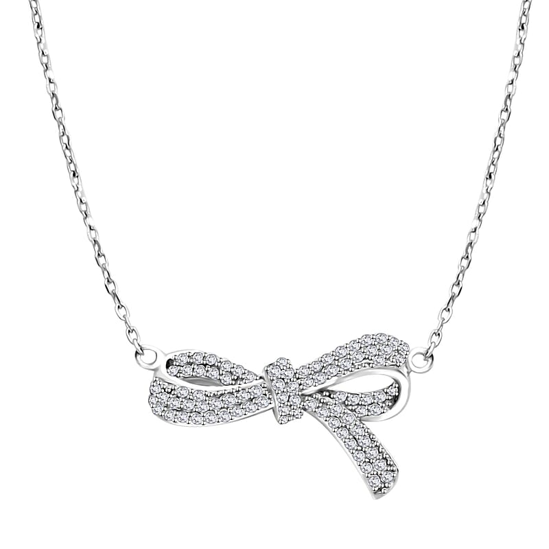 Simulated Diamond Bow Necklace 18 Inches in Rhodium Over Sterling Silver 0.85 ctw