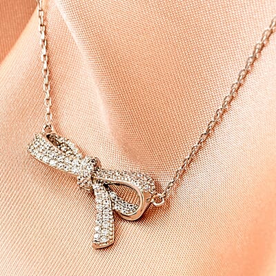 Simulated Diamond Bow Necklace 18 Inches in Rhodium Over Sterling Silver 0.85 ctw