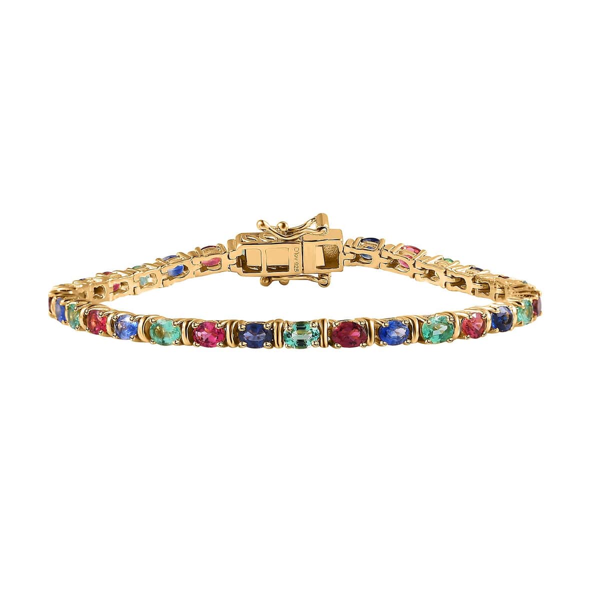 Premium Ceylon Blue Sapphire, Kagem Zambian Emerald and Ouro Fino Rubellite 7.25 ctw Tennis Bracelet in Vermeil Yellow Gold Over Sterling Silv (6.50 In) image number 0