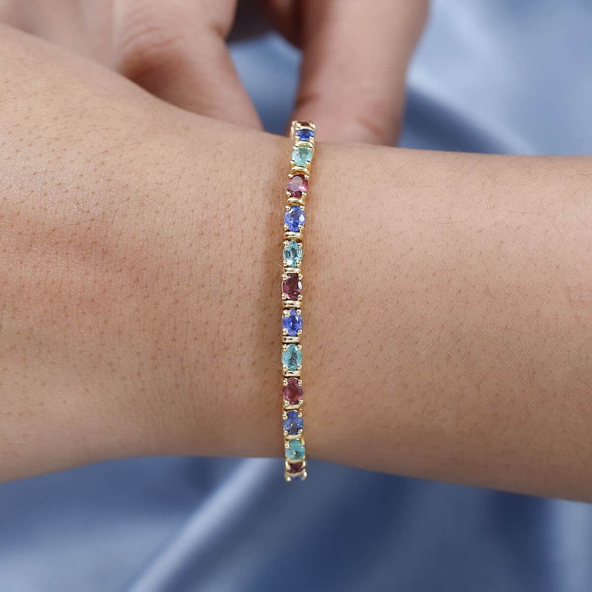 Premium Ceylon Blue Sapphire, Kagem Zambian Emerald and Ouro Fino Rubellite Tennis Bracelet in Vermeil Yellow Gold Over Sterling Silv (6.50 In) 6.25 ctw image number 2