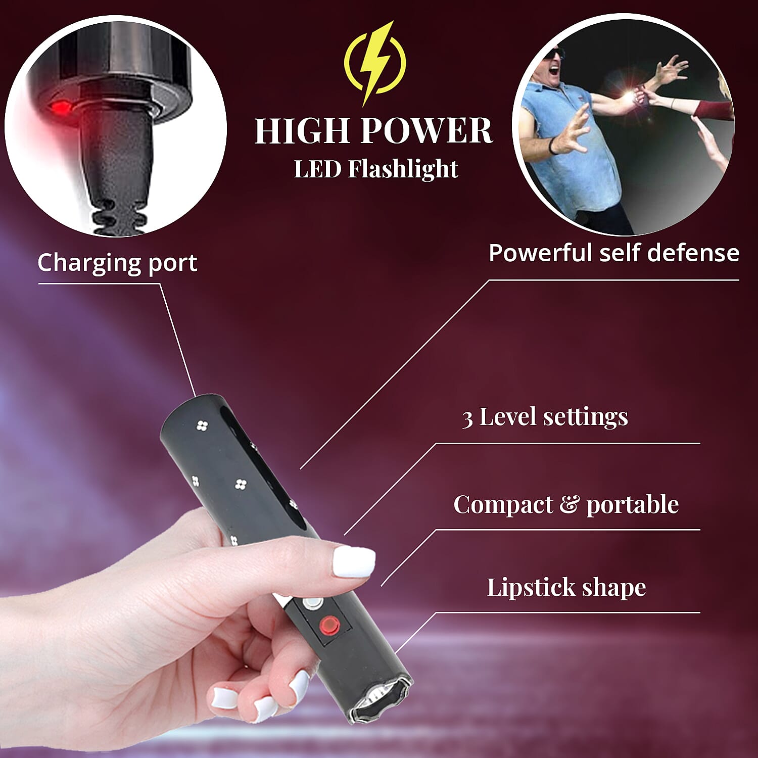 Closeout Lipstick Stun Gun For Self Defence With High Power LED Flashlight, Rechargeable Stun Gun With 3 Level Setting, Waterproof Personal Safety Tool -Black