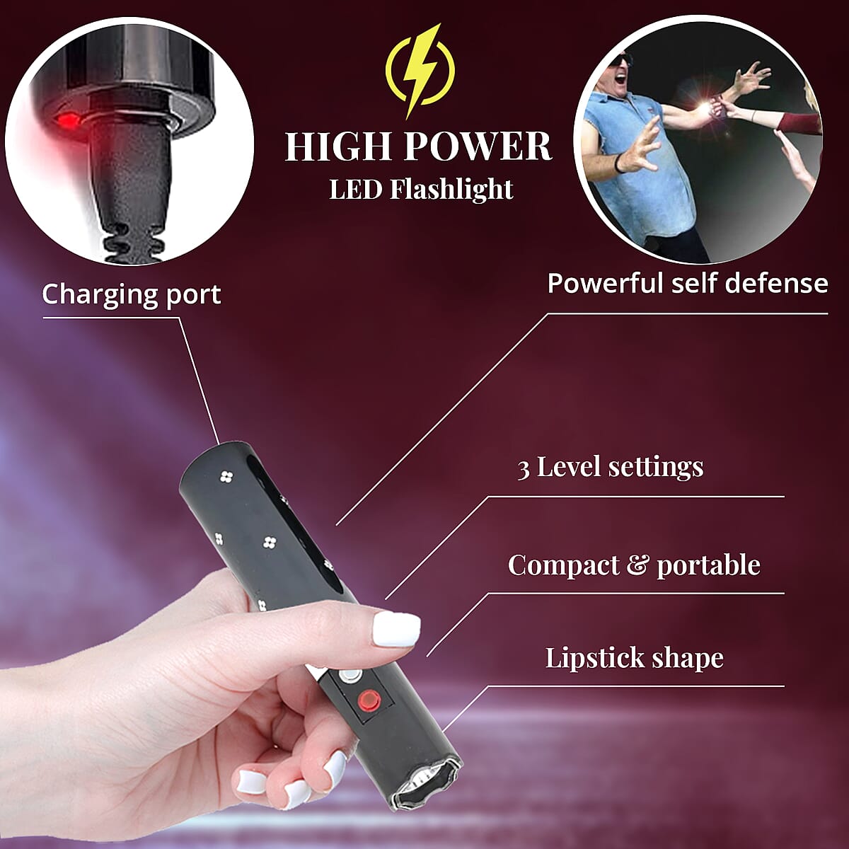 Closeout Lipstick Stun Gun For Self Defence With High Power LED Flashlight, Rechargeable Stun Gun With 3 Level Setting, Waterproof Personal Safety Tool -Black image number 1