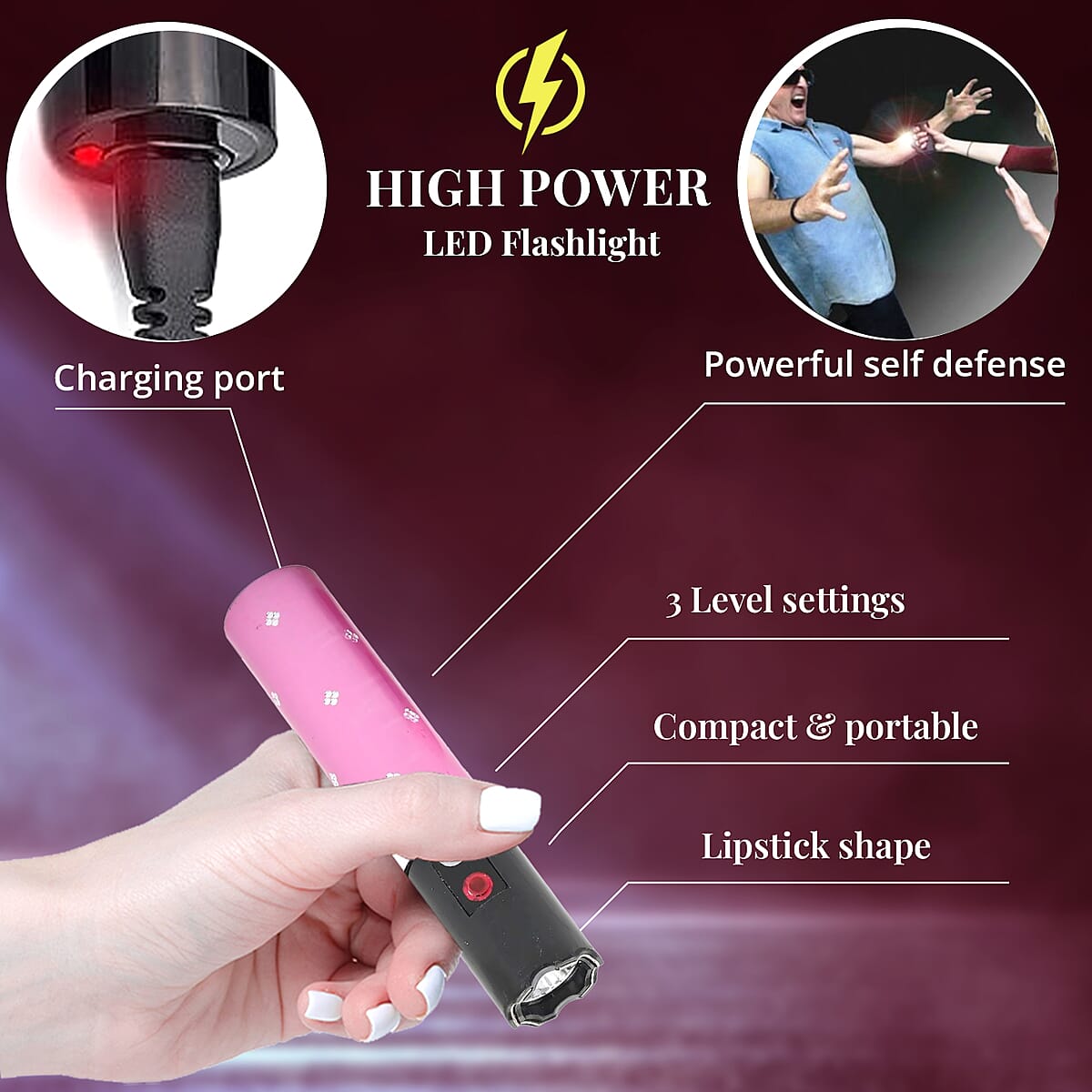 Lipstick Stun Gun For Self Defence With High Power LED Flashlight, Rechargeable Stun Gun With 3 Level Setting, Waterproof Personal Safety Tool -Pink image number 1