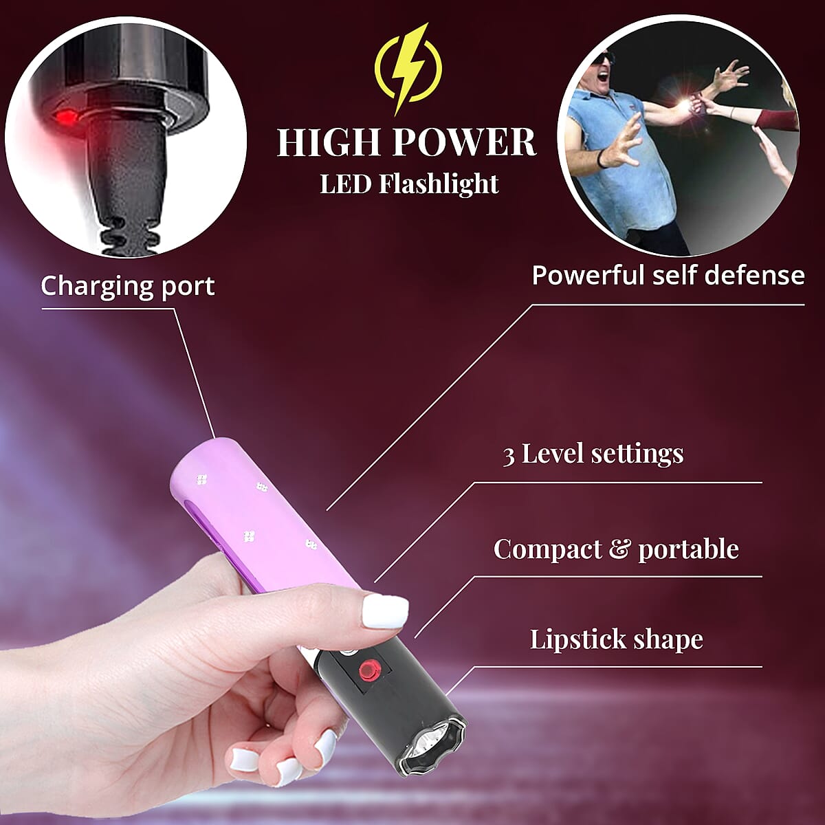 Lipstick Stun Gun For Self Defence With High Power LED Flashlight, Rechargeable Stun Gun With 3 Level Setting, Waterproof Personal Safety Tool -Purple image number 1